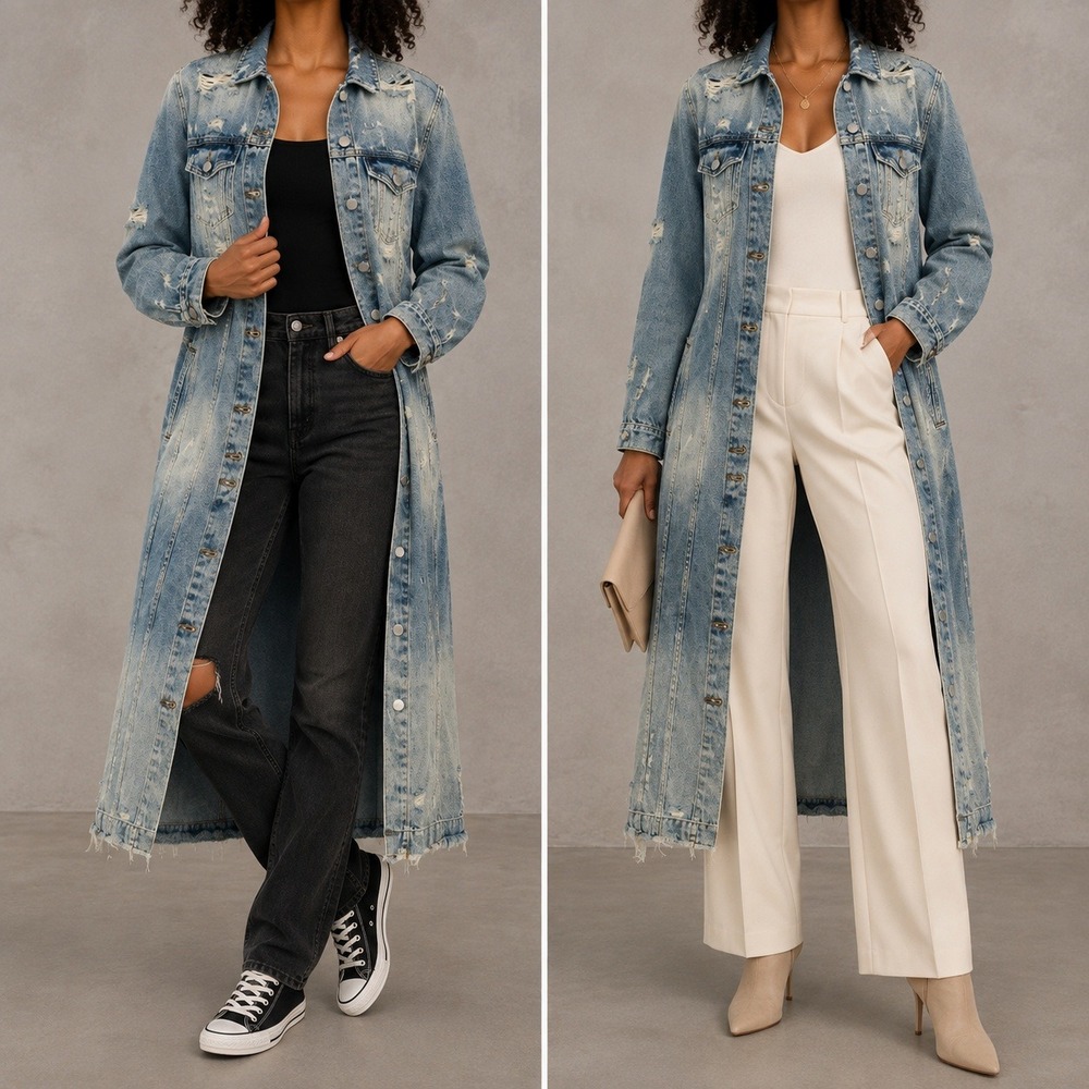 Akira Longline Denim Jacket M Light Wash Distressed Raw Hem Button Front Duster